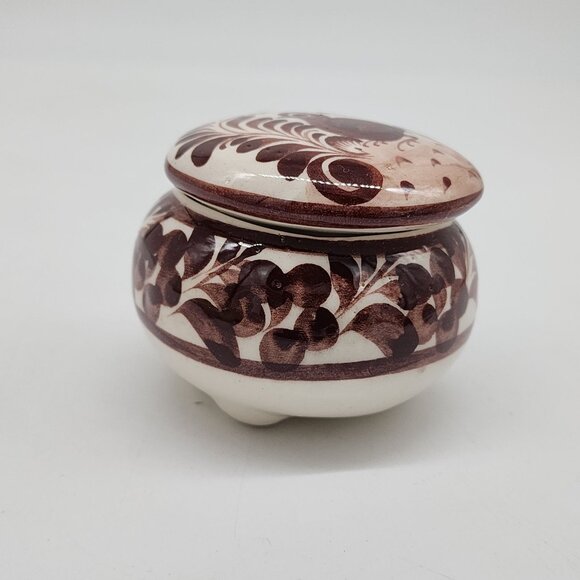 Mexican Hand Painted Ceramic Trinket Box With Floral & Bird Brown 3" Diameter - Picture 5 of 7